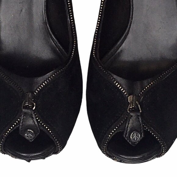 DONALD J PLINER 8M ZEPPEL Black Pump Suede Leather Zipper Trim Peep Toe Heels - Picture 2 of 10